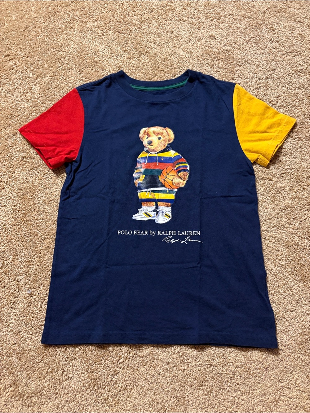 Polo by Ralph Lauren Boys Navy Tee with Red & Yellow Sleeves and Polo Bear